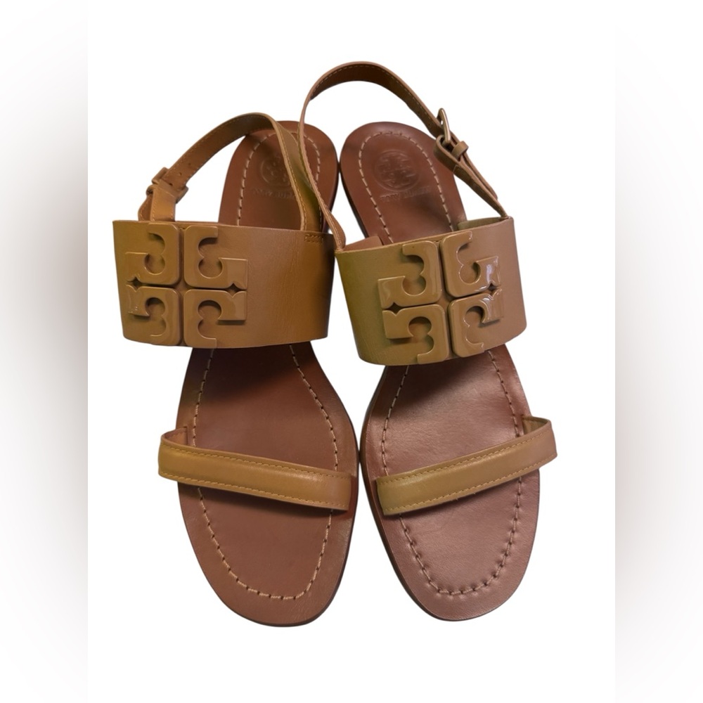 Tory Burch Lowell Tan Strappy Logo Block Heel Sandals Size 8.5